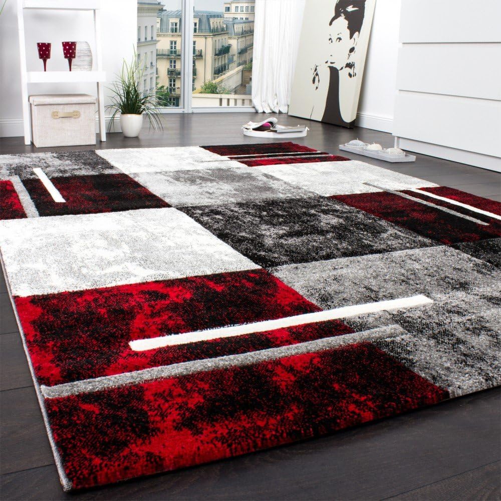 Paco Home Designer Rug Modern with Contour Cut Chequered in Silver Black Red, Size: 5'3