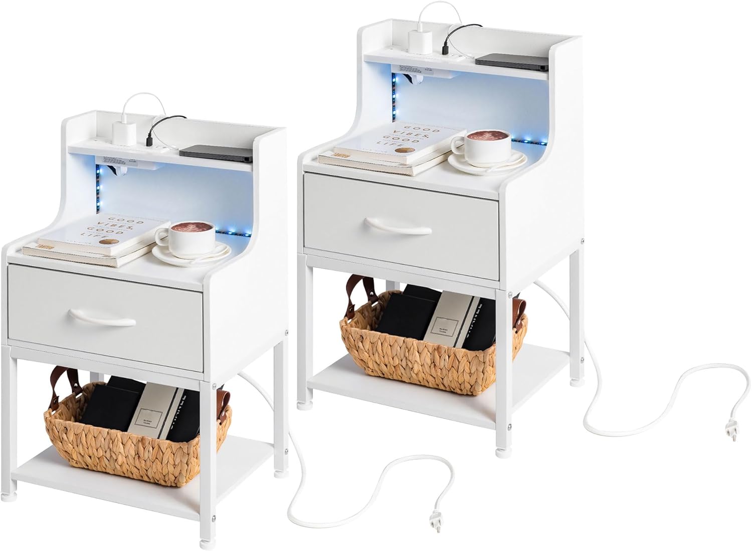 Labcosi White Bedside Table with Drawer, Nightstand with Charging Station and LED Lights (Set of 2), Modern End Tables for Bedroom