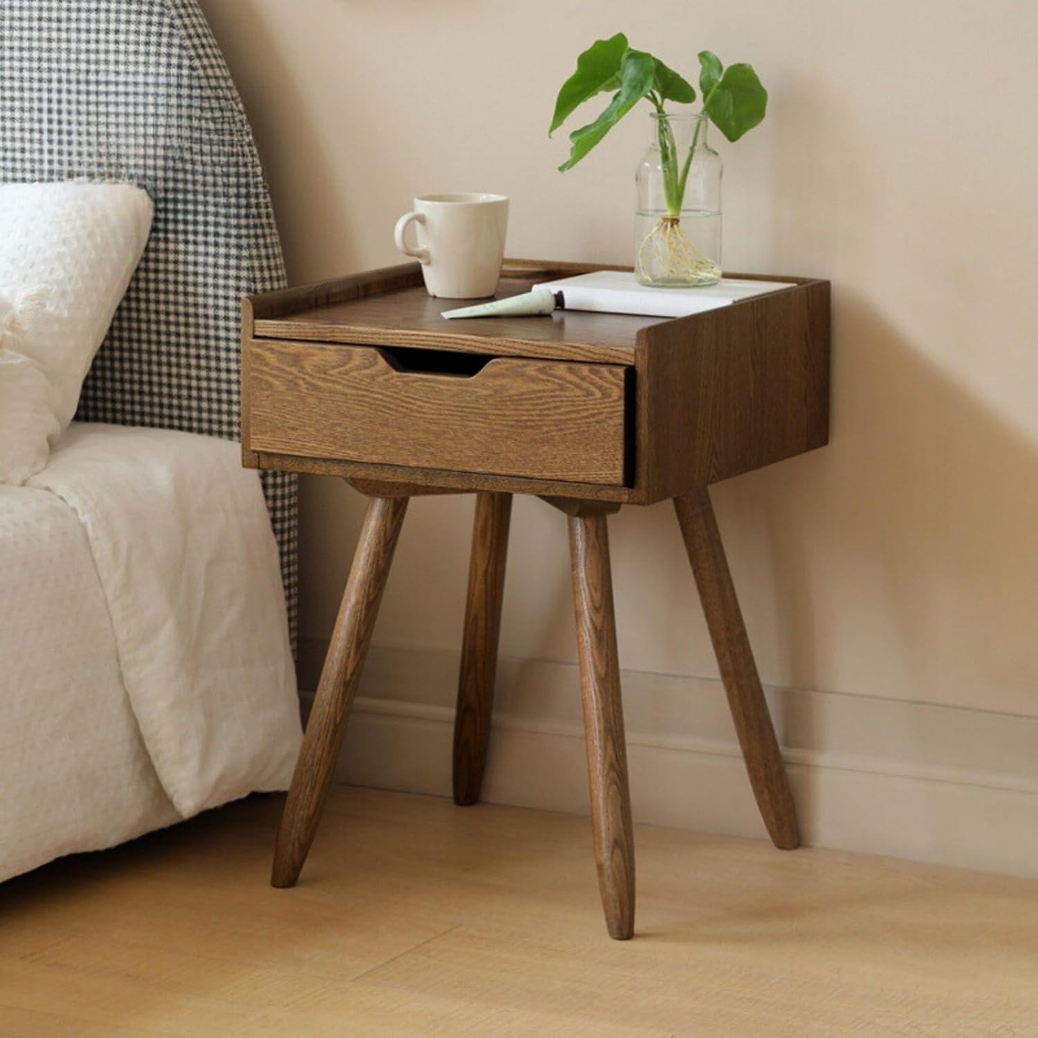 100% Solid Ash Wood End Table with Single Drawer, Mid Century Modern Nightstand, Practical Small Side Table for Bedroom, Dormitory