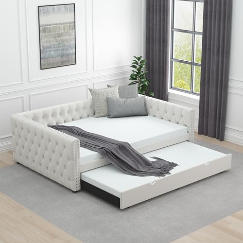 Full Daybed with Twin Trundle, Velvet Upholstered Tufted Sofa Bed with Button, Copper Nail and Square Arms for Bedroom, Living Room, Guest Room