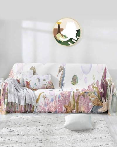 Ocean Seahorse Sofa Cover Couch Covers for 3-4 Cushion Couch Throw Couch Cover with Tassel Soft Sofa Slipcover Summer Watercolor Coral Conches White Couch Furniture Protector for Dog Pet 71