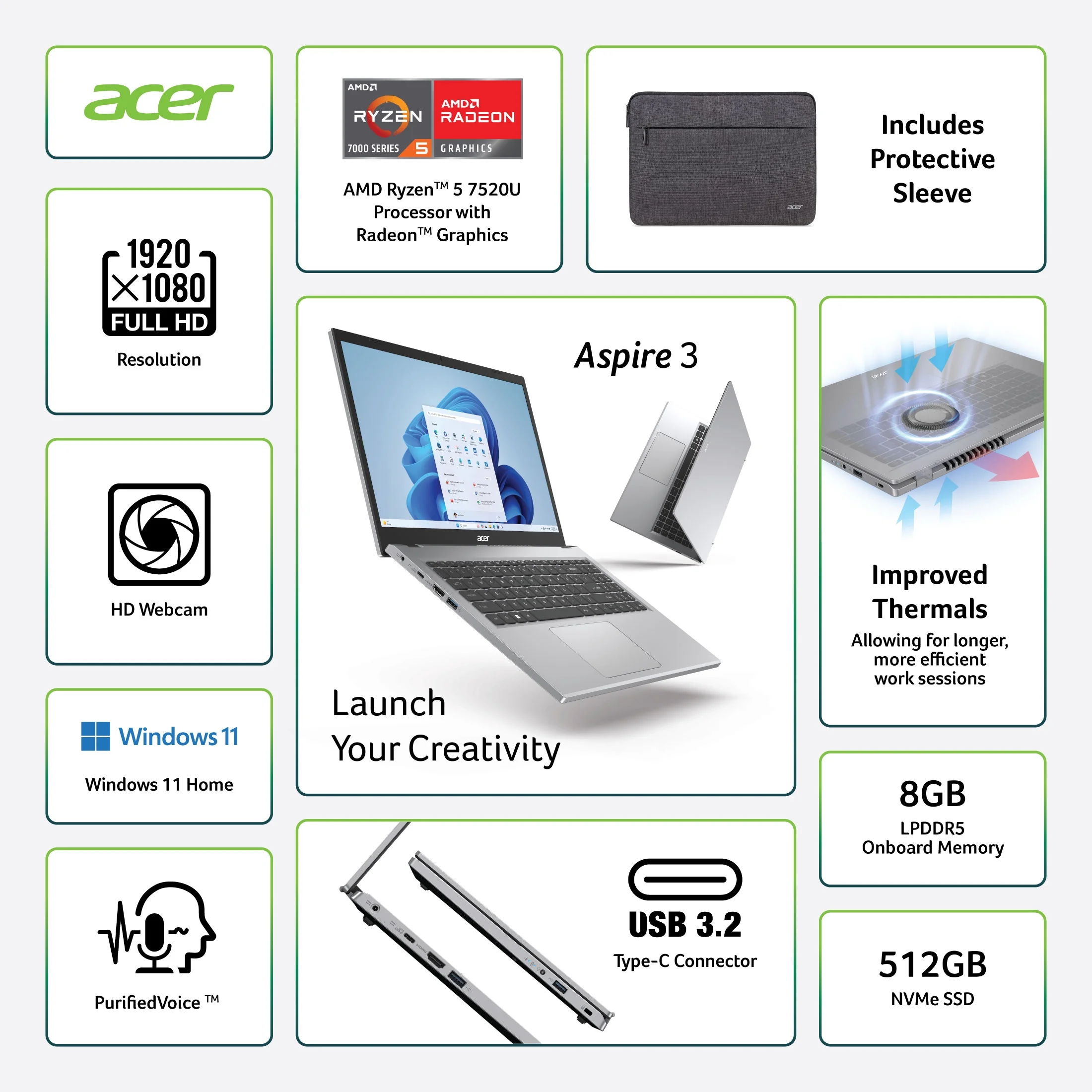 Acer Aspire 3 - 15.6" Notebook Full HD AMD Ryzen 5 7520U - 8 GB RAM 512 GB SSD - English Keyboard - Silver - A315-24P A315-24P-R2AG