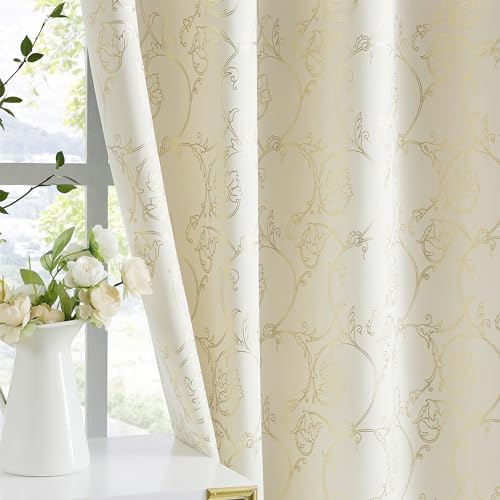 Enactex Blackout Curtains 95 Inches Long for Living Room, Grommet Room Darkening Drapes with Gold Floral Foil Pattern, Thermal Insulated Energy Saving Window Treatments 2 Panel sets, Silvery White
