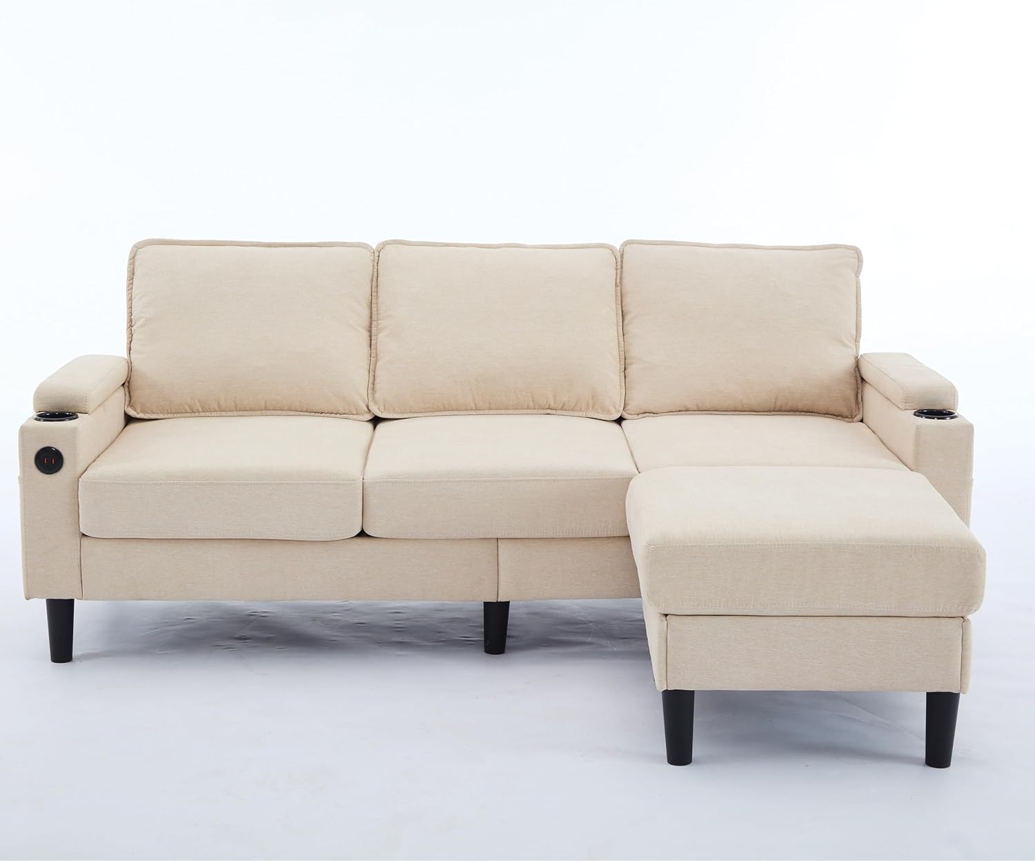 Furniture Modular Sectional Sofa with Movable Ottoman,Modern Upholstered Convertible L Shaped Couch w/ 2 Cup Holders/Side Pocket/USB Port for Apartments Dorms Home,Living Room,Beige
