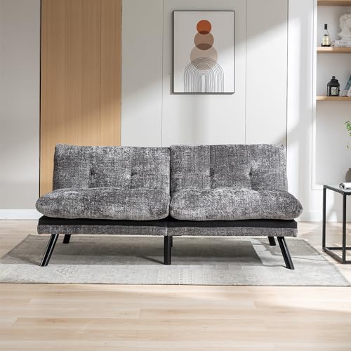 Convertible Futon Sofa Bed, Modern Folding Sleeper Loveseat, Polyester Fabric Memory Foam Adjustable Lounge Couch for Compact Living Space, Dark Gray