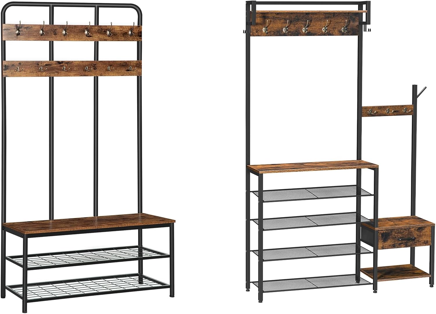 HOOBRO Hall Tree with Bench and Entryway Coat Rack Shoe Bench Bundle, for Entrance, Foyer, Mudroom, Rustic Brown and Black BF05MT01-BF113MT01