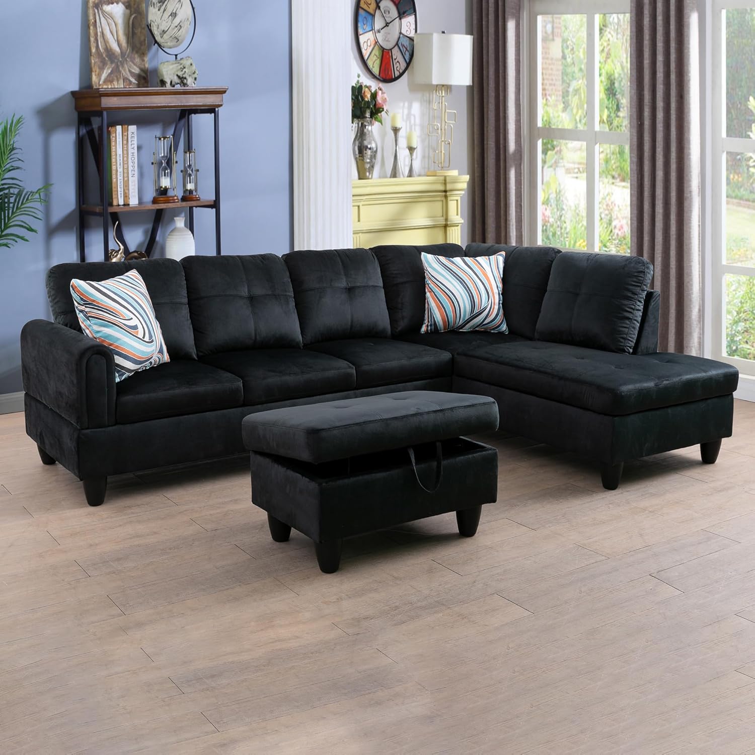 3 Piece Living Room Furniture Set with L-Shaped Sectional Sofa, Right Chaise Lounge, Storage Ottoman and 2 Throw Pillows, Curved Armrests Tufted Flannel Modular Couch for Large Space Apartment