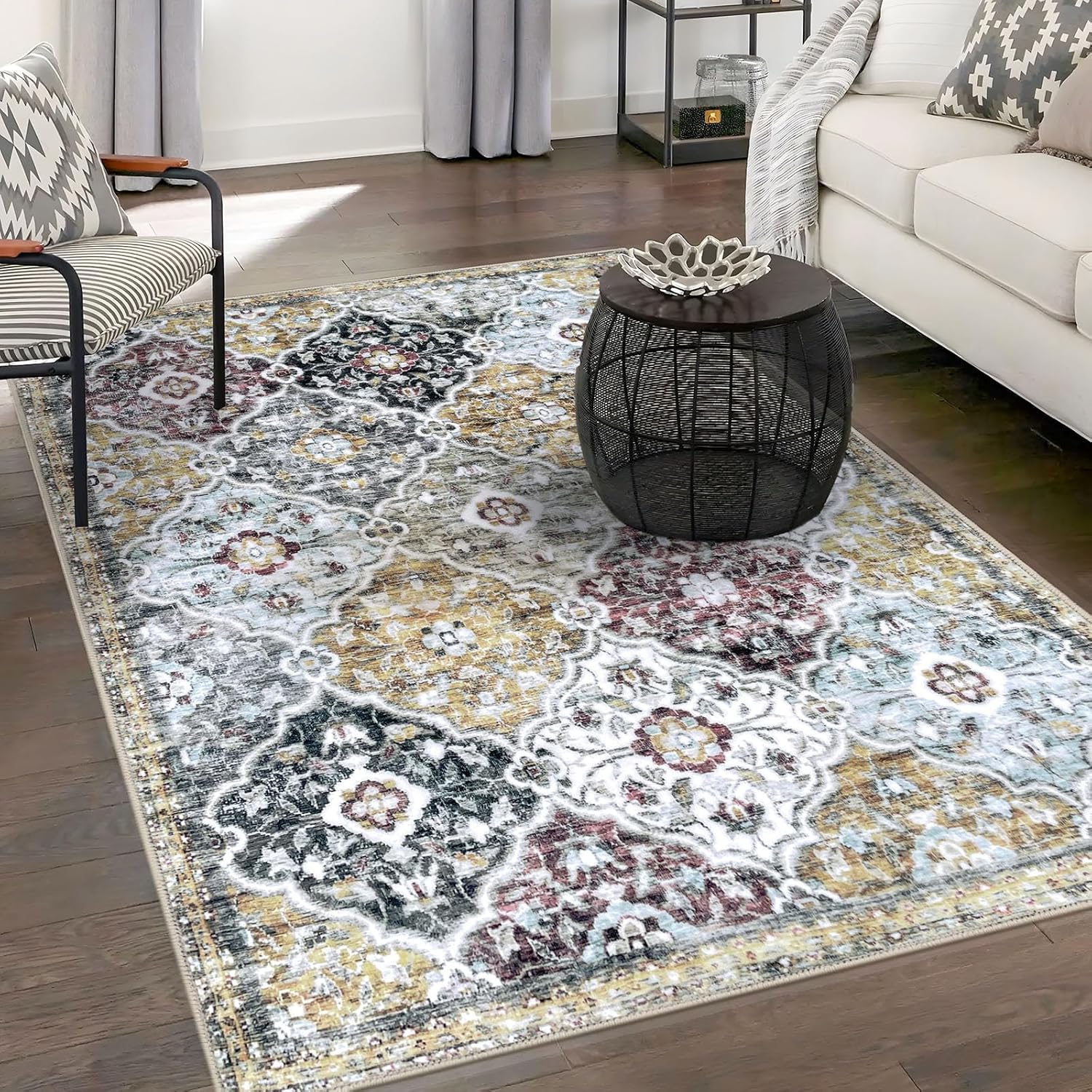 5x7 Area Rug, Moroccan Washable Living Room Rug, Vintage Rug Non-Slip, Large Print Faux Wool Throw Rug Indoor Kitchen Rug for Entryway Bathroom Bedroom Office Carpet, Cream/Multi