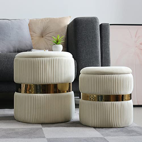 Round Ottoman with Storage Set of 2 Upholstered Velvet Storage Ottoman Stool Modern Round Vanity Stool Chair Ottoman for Living Room Multifunctional Foot Rest.
