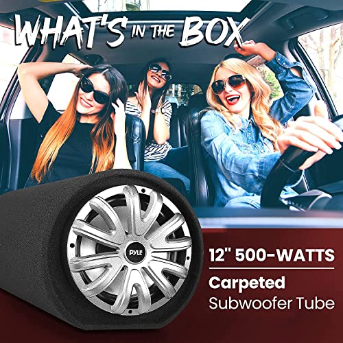 PyleUsa 10-Inch Carpeted Subwoofer Tube Speaker - 500 Watt High Powered Car Audio Sub Bass Enclosure System with 2” Aluminum Voice Coil, 4 Ohm, Rear Vented Design - PLTB101