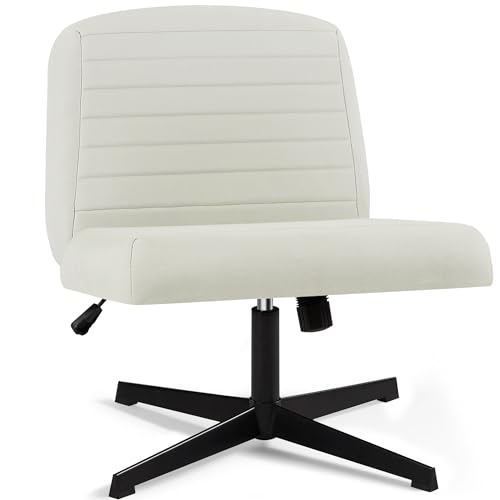 VECELO Armless Office Chair No Wheels Fabric Padded Cross Legged, Adjustable Height, Wide Seat for Home/Bedroom Make Up, White