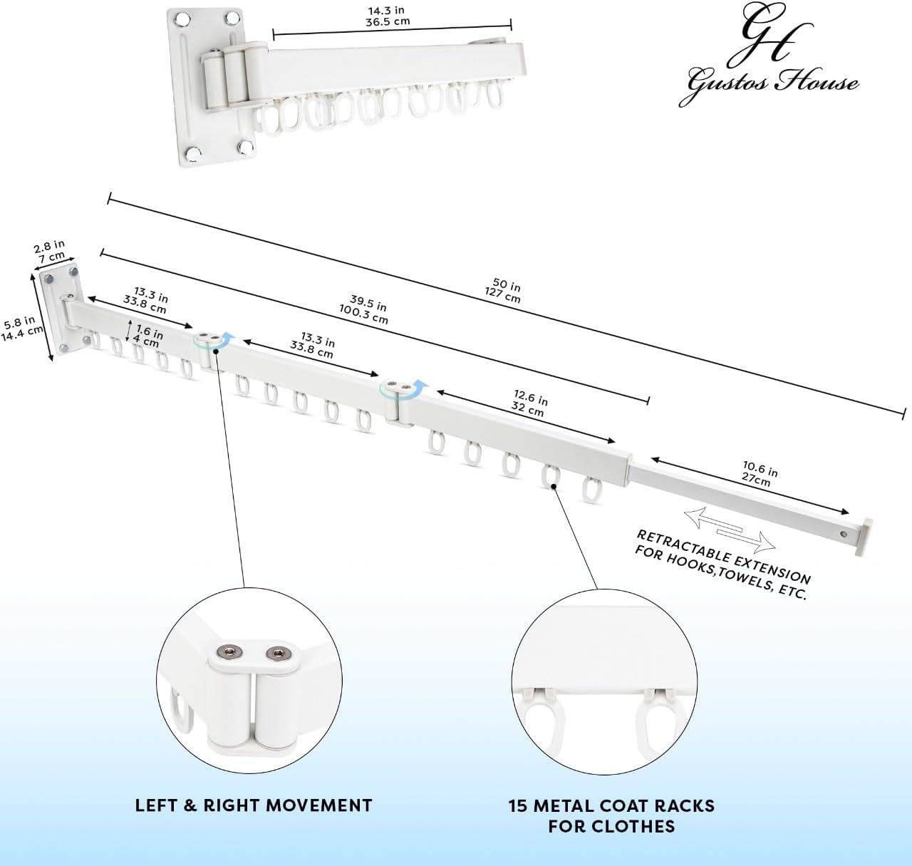 Clothes Rack for Home or Laundry, Folding clotheslines, Wall Mounted Drying Rack with Extended arms, Retractable Clothes Hanger, Wardrobe with Compact Style, Laundry Drying Rack