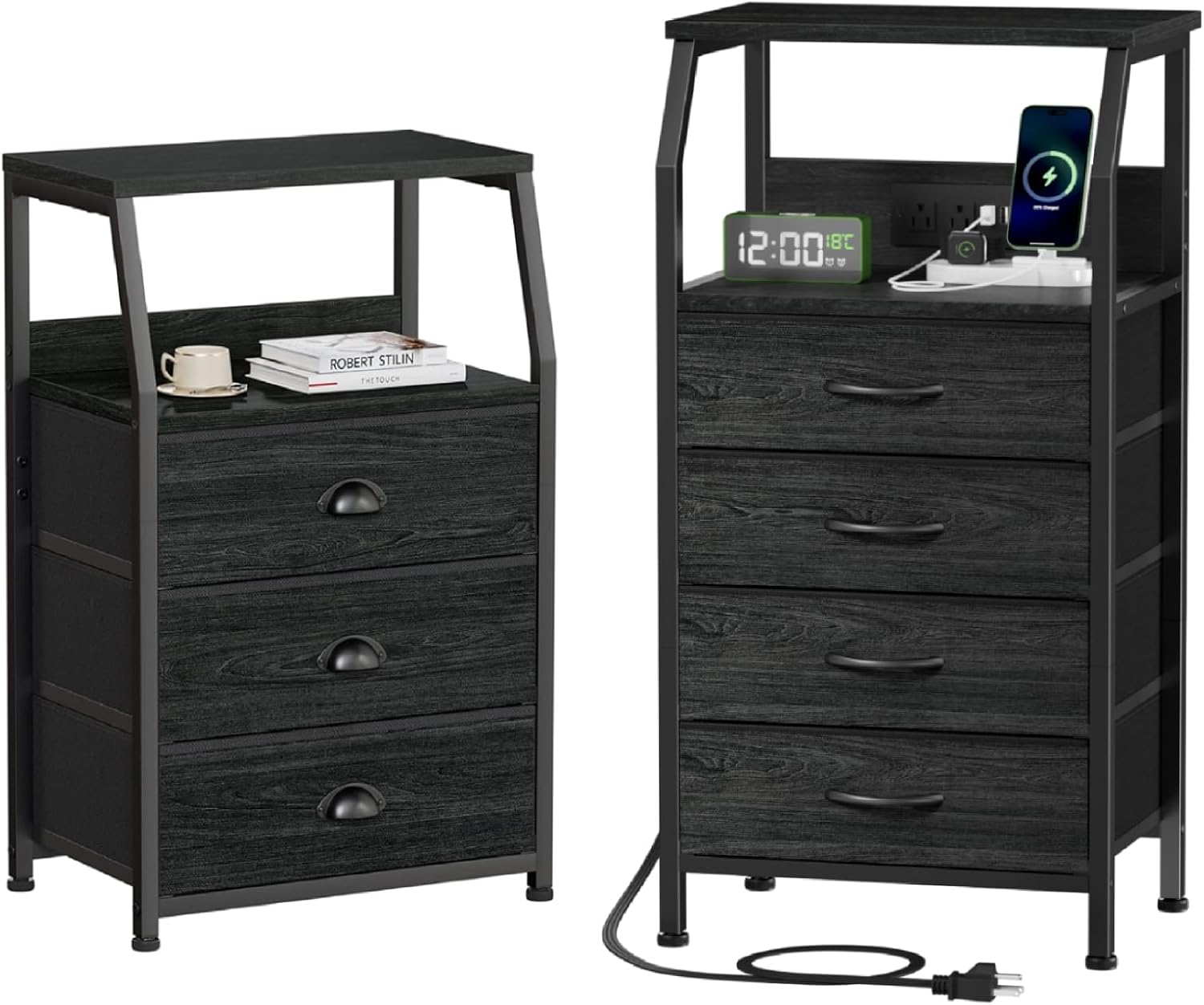 Furnulem Nightstands Set of 2, Small Nightstand with 3 Fabric Storage Drawers+4 Drawer Night Stand with Charging Station
