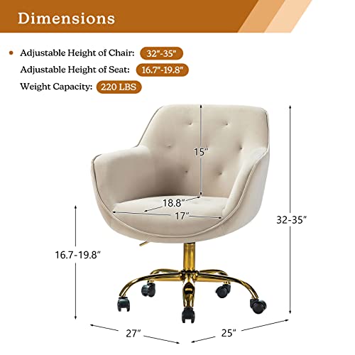 HULALA HOME Velvet Office Chair with Gold Base, Modern Cute Mid-Back Desk Chair, Adjustable Swivel Task Chair for Bedroom, Living Room, Bedroom, Study, Navy