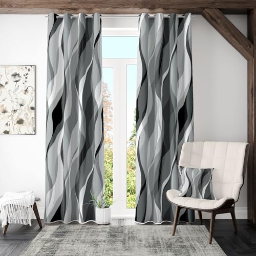 Yellow and Grey Curtains Decorative 50% Light Blocking Darkening Grommet Yellow Curtain for Living Room Villa, Bedroom Gray and White 2 Panels Set, 52x84 Inches