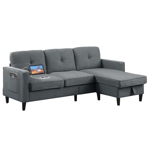 Sectional Sofa for Living Room 76inch Small Space Couches 3 Seater Sofa L shaped Chaise Loveseat Linen Fabric Comfy Couch Chairs with Reversible Ottoman Bench for Home, Apartment, Dorm, Office (Grey)