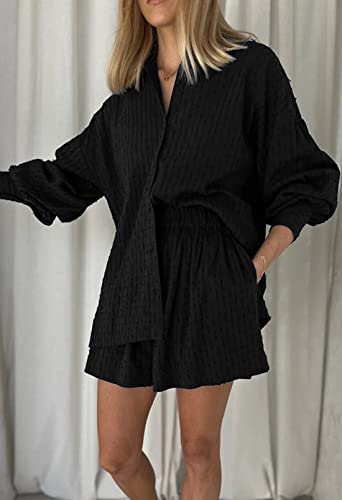 Fixmatti 2 Piece Outfits Long Sleeve Button Down Shirt and Shorts Sweatsuit Lounge Sets
