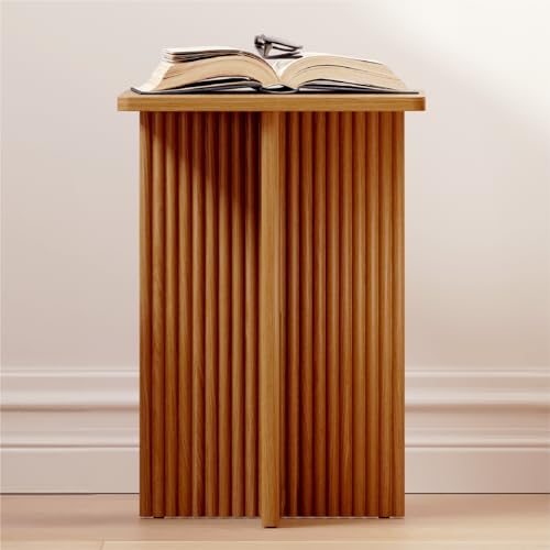 Square Fluted Accent Side Table - Pedestal Drink Table - Modern Home, Bedroom, and Living Room Furniture - Small End Table with Solid Wood X-Base and Wood Veneer Top (White)