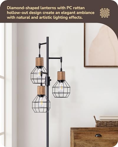 EDISHINE Dimmable Farmhouse Floor Lamp for Living Room, Industrial Black Standing Lamp with 3 LED Edison Bulbs, Corner Rustic Rattan Tall Tree Reading Lamps Home Decor for Bedroom, Office