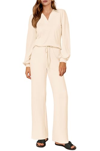 PRETTYGARDEN Womens Fall Clothes Two Piece Outfit Set Long Sleeve Lapel V Neck Tops Blouses Wide Leg Pants Ribbed Tracksuit