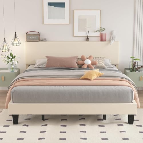 Queen Size Bed Frame with Adjustable Headboard, Linen Fabric Upholstered Bed Frame, Sturdy Wood Slat Support, No Box Spring Needed, Easy Assembly, Grey
