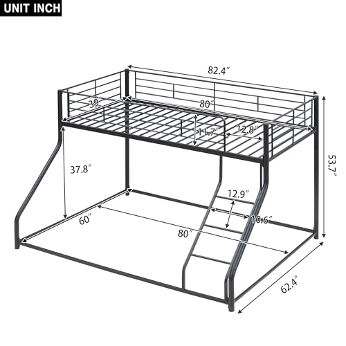Metal Floor Bunk Bed, Twin XL Over Queen, Heavy-Duty Steel Frame, Modern Design, Space-Saving, Inclined Ladder for Easy Access, Ideal for Kids' Rooms, Guest Rooms & Shared Bedrooms, Black