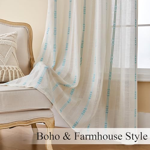 Estelar Textiler Grey Linen Curtains for Living Room 2 Panels, Embroidered Boho Curtains 84 Inches Long for Bedroom, Light Filtering Grommet Semi Sheer Drapes for Dining Room, 52Wx84L, Gray