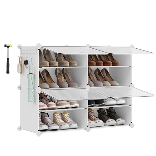 SONGMICS Shoe Rack, 10 Cubes Shoe Organizer with Doors, 40 Pair Plastic Shoe Storage Cabinet, for Bedroom, Entryway, Steel Frame, Plastic Panel, White ULPC035W01