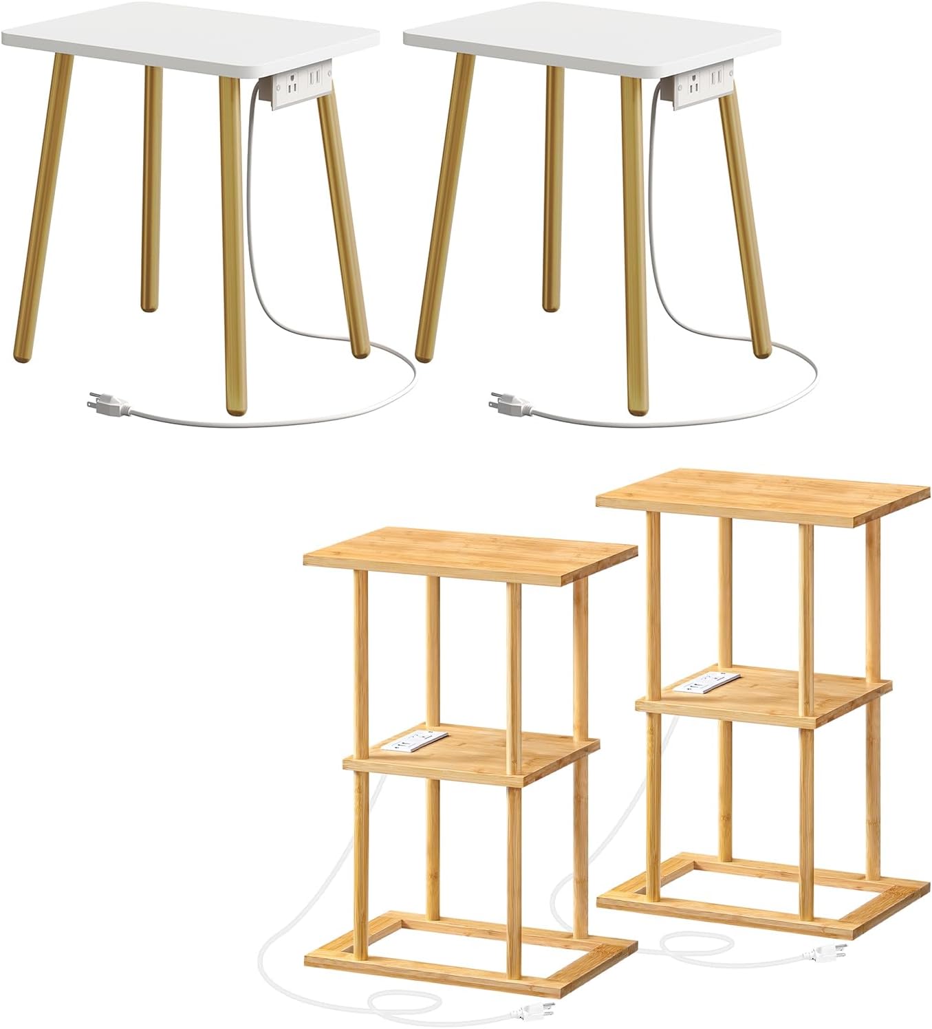 HOOBRO Small White Side Tables Set of 2 with Charging Station and Bamboo Side Tables Set of 2 with Charging Station Bundle, DW87UBZP201G1-YL151UBZP201