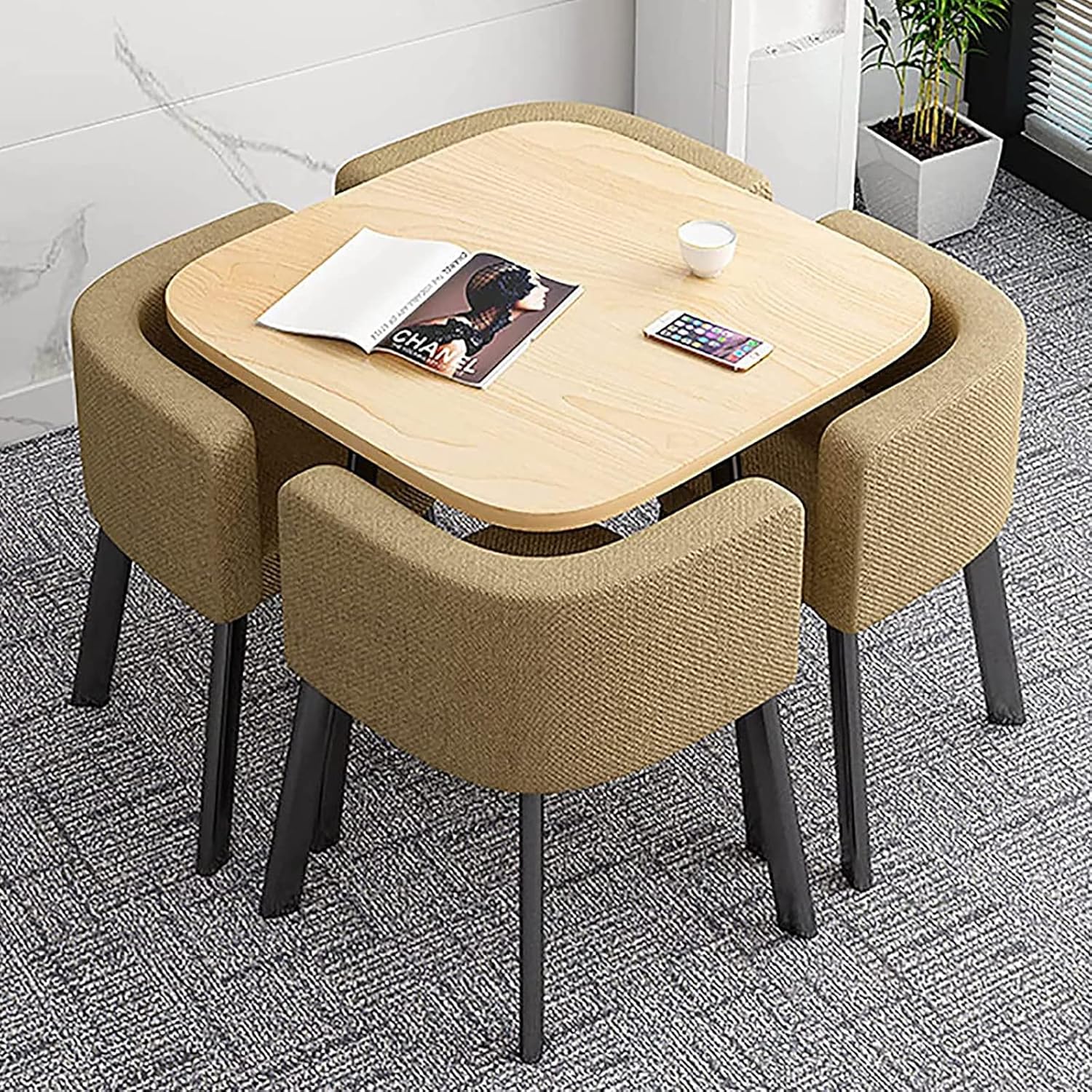 Marble Texture Round Dining Table Set Space Saving Round Dining Table Set 4 Seater Coffee Table Round Table for Dining Room and Kitchen with Recessed Rest
