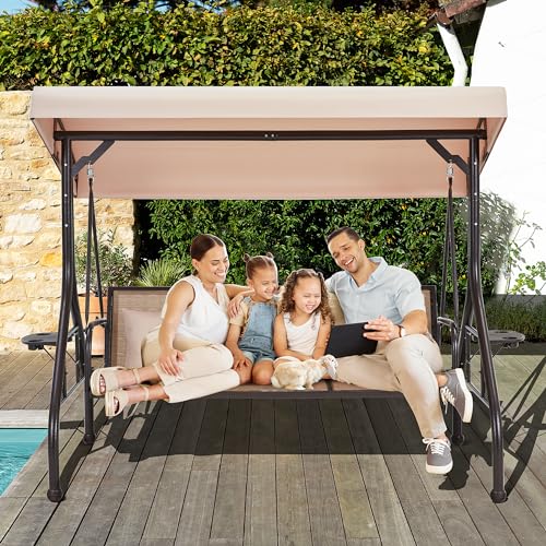 HOMREST 3 Seat Outdoor Porch Swing,Adjustable Canopy Porch Swings,Outdoor Swing with Stand, Patio Glider Chair with Thicken Cushions,Pillow & Cup Holder(Brown)