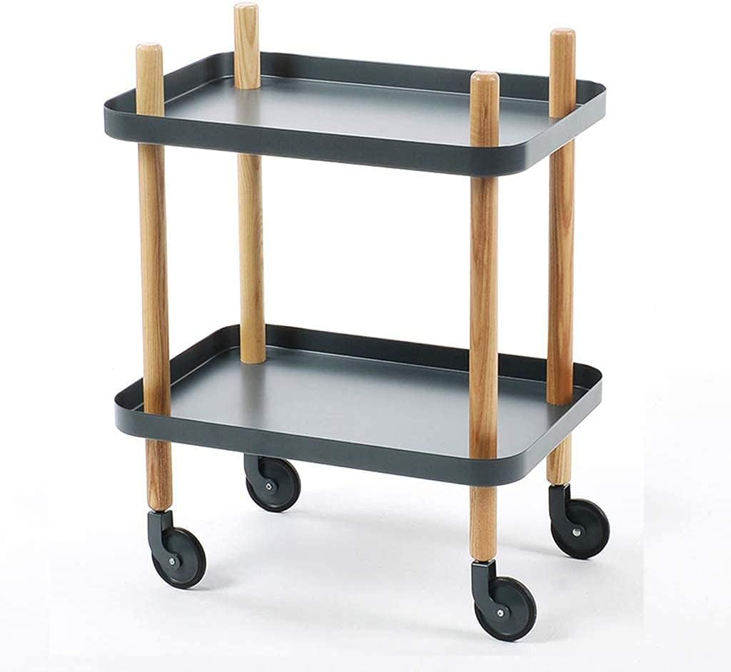 Storage Rack Movable Two Tier Dining Cart European Solid Wood Trolley Ergonomic Handle Kitchen Shelf Silent Rolling Service Car Solid and Sturdy for Home/Commercial Use,Black (Gray)