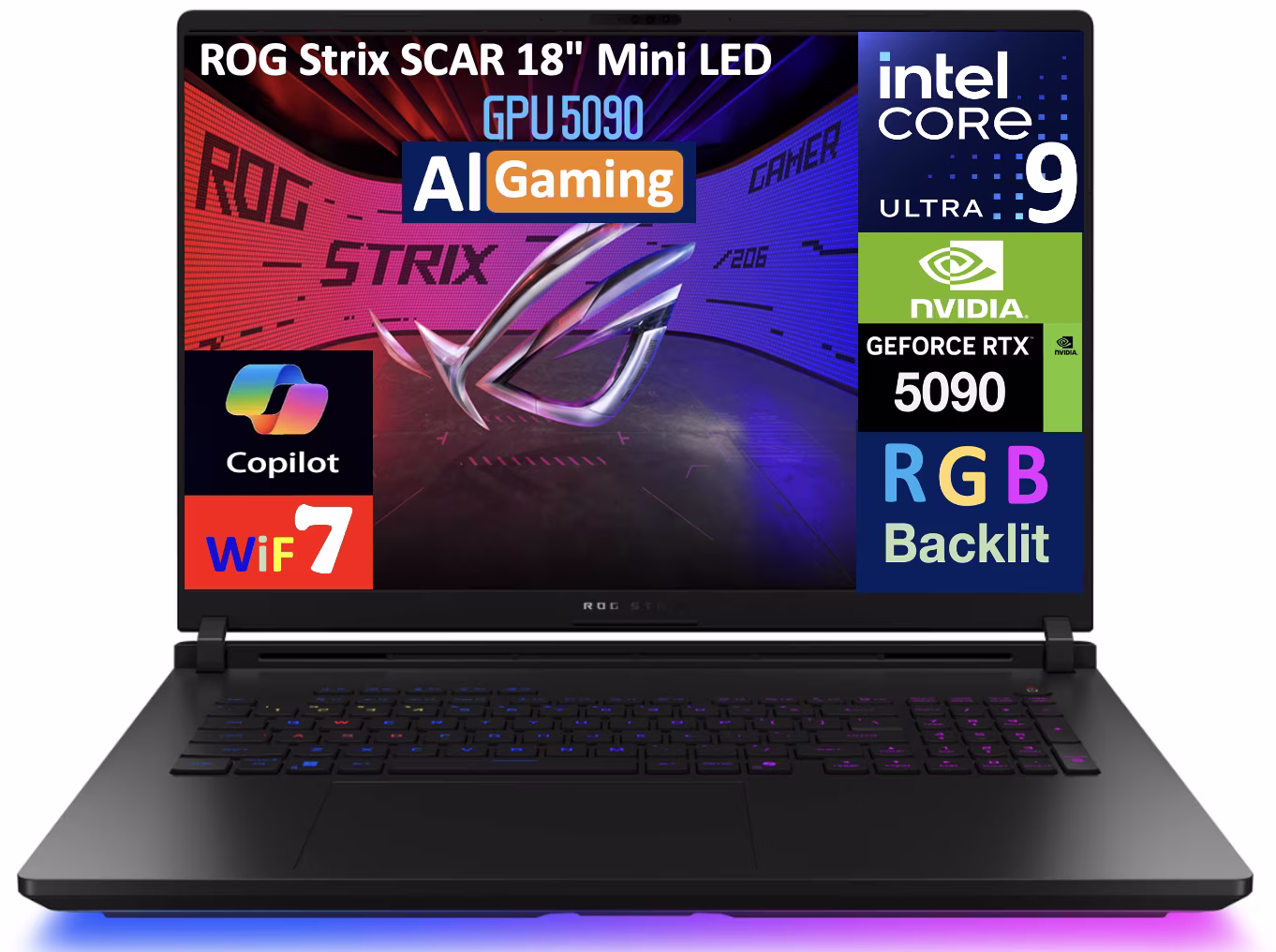 ASUS ROG Strix SCAR AI Gaming Laptop 18in 240Hz Mini LED WQXGA Display (Intel Ultra 9- 275HX, NVIDIA GeForce RTX 5090 24GB, 32GB DDR5, 2TB SSD, RGB KB, 2 Thunderbolt 5, WiFi 7, Webcam, Win 11 Pro)