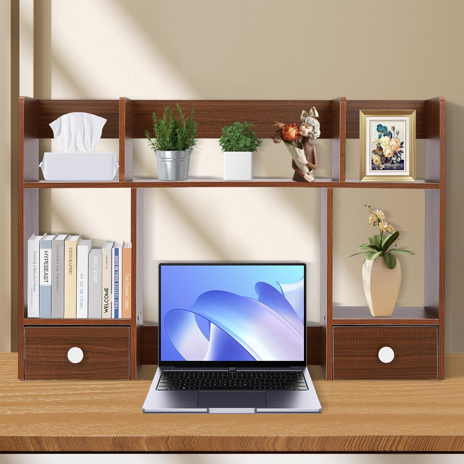 Desktop Organizer Office Storage Rack, Wood Display Shelf 31.5