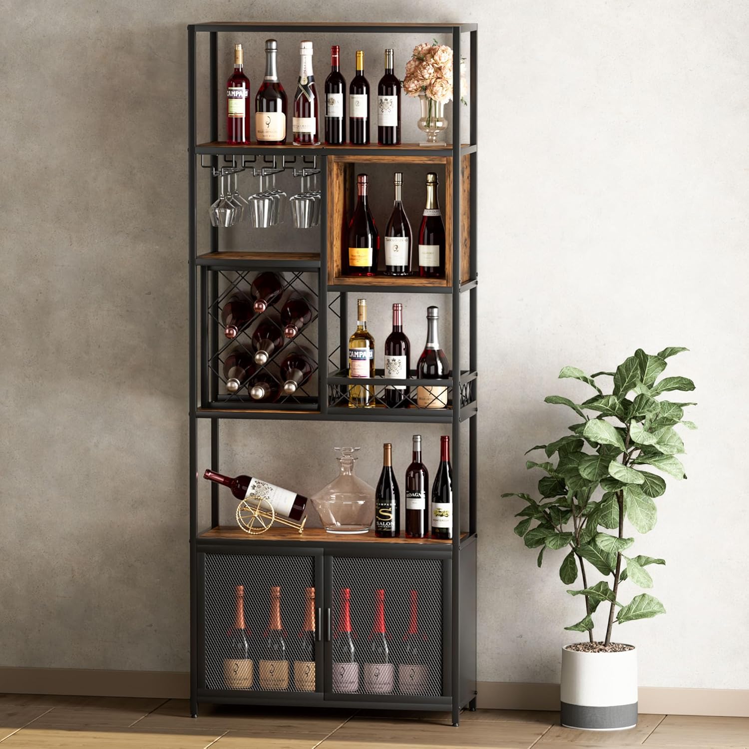 Industrial Tall Bar Wine Rack Cabinet with Glass Holder - Multi-Functional Storage for Wine Bottles, Glasses, and Microwave - Bar Cabinet Perfect for Home, Kitchen, Bar, and Commercial Use