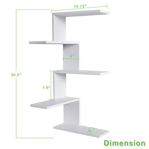 RANK Modern 5-Tier Floating Corner Shelves Wall Mounted Display Organizer Storage Shelf for Bathroom, Bedroom, Living Room, Kitchen, Office and More (White)