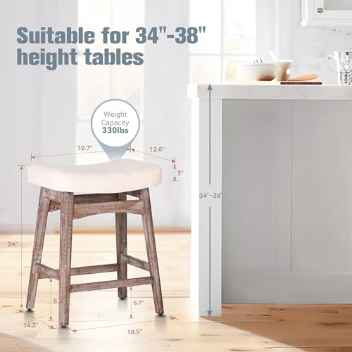 White Solid Wood Bar Stools Set of 2 for Kitchen Counter Counter Height Farmhouse Barstools with Faux Leather Modern Upholstered Stools for 34