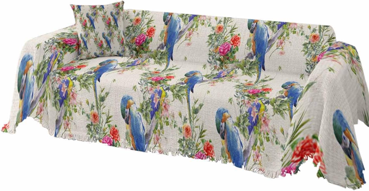 Blue Birds Cover Couch Covers for 3-4 Cushion Couch Throw Couch Cover with Tassel Soft Slipcover Vintage Spring Watercoloor Pink Red Floral on Burlap Couch Furniture Protector for Dog Pet 71