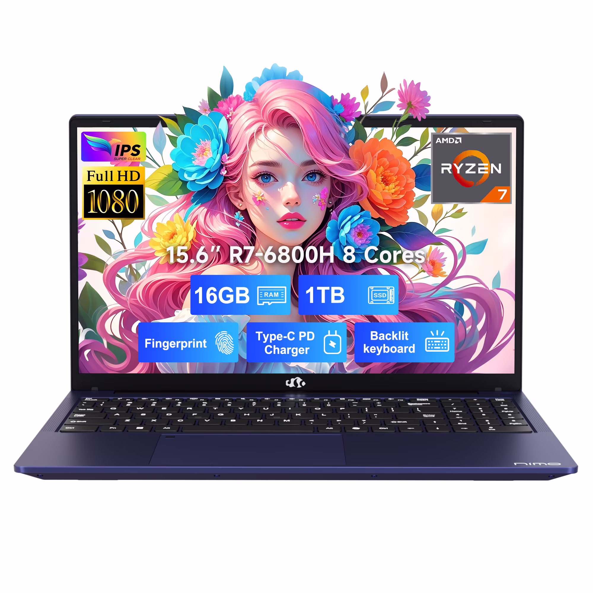 15.6" IPS FHD-Gaming-Laptop, 8 Cores AMD Ryzen 7 6800H 16GB DDR5 RAM 1TB SSD (Beat Intel i7-12700H. Up to 4.7GHz) AMD Radeon 680M GPU-Computer with 100W Type-C Backlit Keyboard, Fingerprint