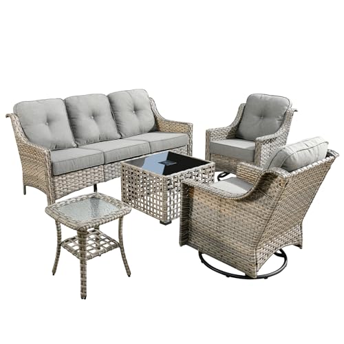 Patio Conversation Set,5 Pieces Wicker Patio Furnitures with Swivel Chair and Coffee Table,All Weather Patio Furniture Set for Garden,Backyard,Poolside and Patio,Beige