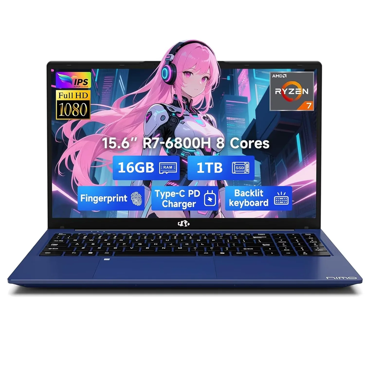 15.6" IPS FHD Gaming Laptop, 8 Cores AMD Ryzen 7 6800H (Beat i7-12700H, Up to 4.7GHz) 16GB DDR5 RAM 1TB SSD AMD Radeon 680M GPU-Computer with 100W GaN Type-C Backlit Keyboard Fingerprint Blue