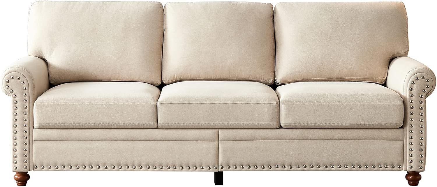 Linen Fabric Sofa Small Sectional Couches for Living Room Upholstery 3-Seater Sofa with Wooden Leg,for Small Space,Beige