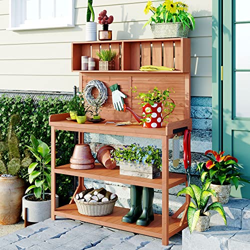 SPOFLYINN 39 Inch Outdoor Garden Horticultural Wooden Storage Cabinet Garden Potting Bench Table Planting Work Station for Indoor Outdoor Garden Storage Cabinet Orange As Shown One Size