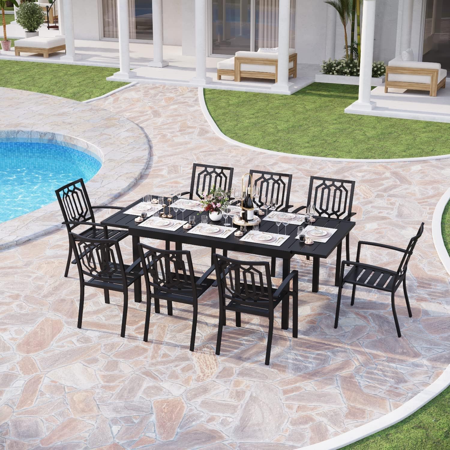 PHI VILLA Patio Dining Set 9 Pcs 1 Extendable Dining Table and 8 Outdoor Dining Chairs Metal Patio Bistro Stackable Chairs, Black for Outdoor Backyard Furniture Set, Black