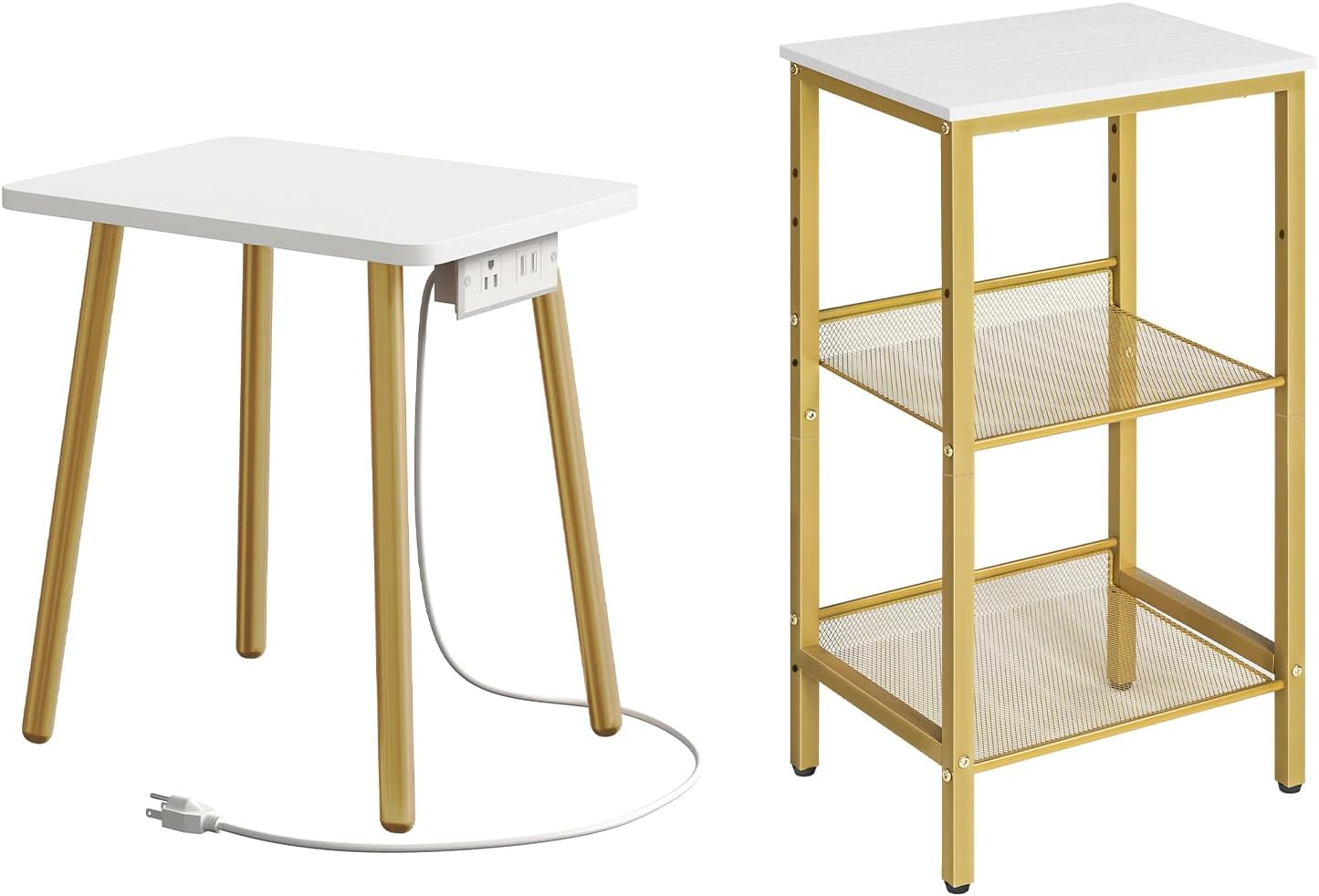 HOOBRO Tall End Table and Small White Side Table with Charging Station Bundle, Gold Side Table, White and Gold Nightstand, GD04DH01-DW87UBZ01G1