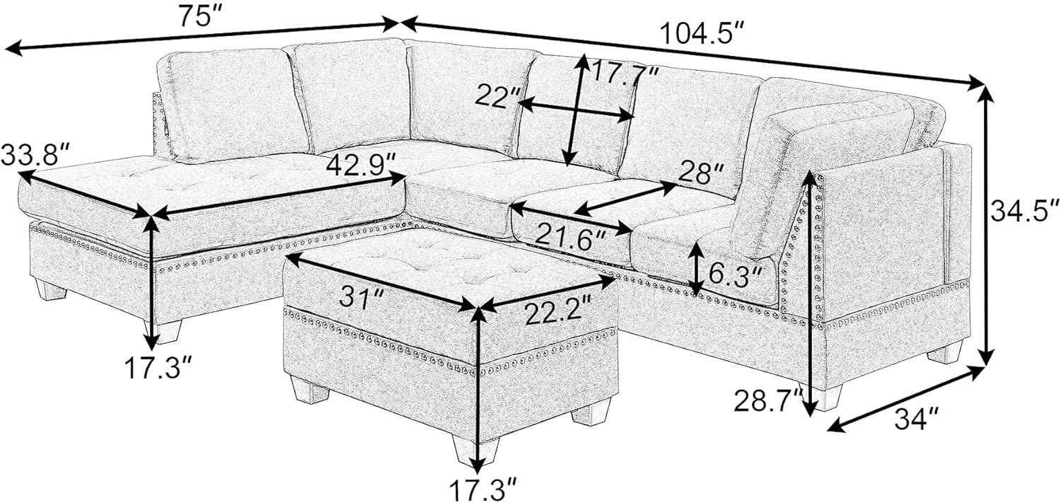 Yoglad Reversible Sectional Sofa with Storage and Chaise Lounge Couch, Wooden Frame L-Shaped Corner Sofa Set with Ottoman, Furniture Set for Living Room (Grey)