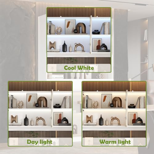 Homsee Bookcase Bookshelf with Storage Shelves, Drawers, 6 Glass Doors & LED Lights, Wooden Display Storage Cabinet with Hutch for Home Office, Living Room, White (47.2”W x 14.2”D x 78.7”H)