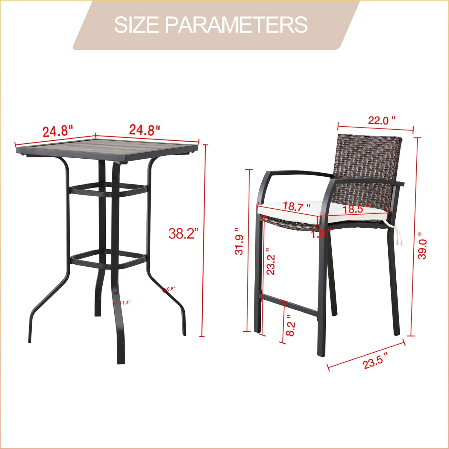 LOKATSE HOME 3 Piece Outdoor Patio Bar Stool Set with High Top Square Table Wicker Conversation Furniture, White
