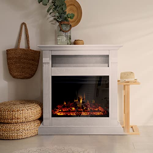 Cambridge Sienna 34 Inch Freestanding Fireplace Mantel with Storage Shelf and 1500W Electric Heater Insert with Deep Log Display, Colorful Flames, Remote Control, White