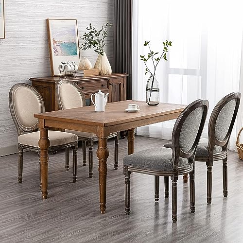 Guyou Upholstered Dining Chairs Driftwood Set of 6, Antique Dining Room Chairs French Country Vintage Accent Chairs Round Fabric Back with Distressed Wood for Kitchen Living Room (Grey)